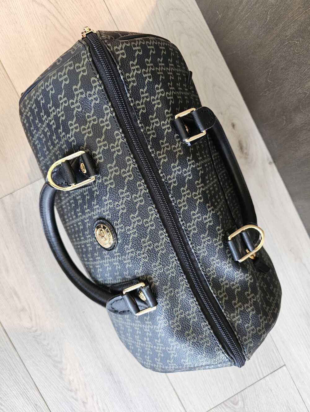 Rioni Monogram Barrel Satchel Handbag Black Brown Gold Top Handle Bag - Picture 6 of 14
